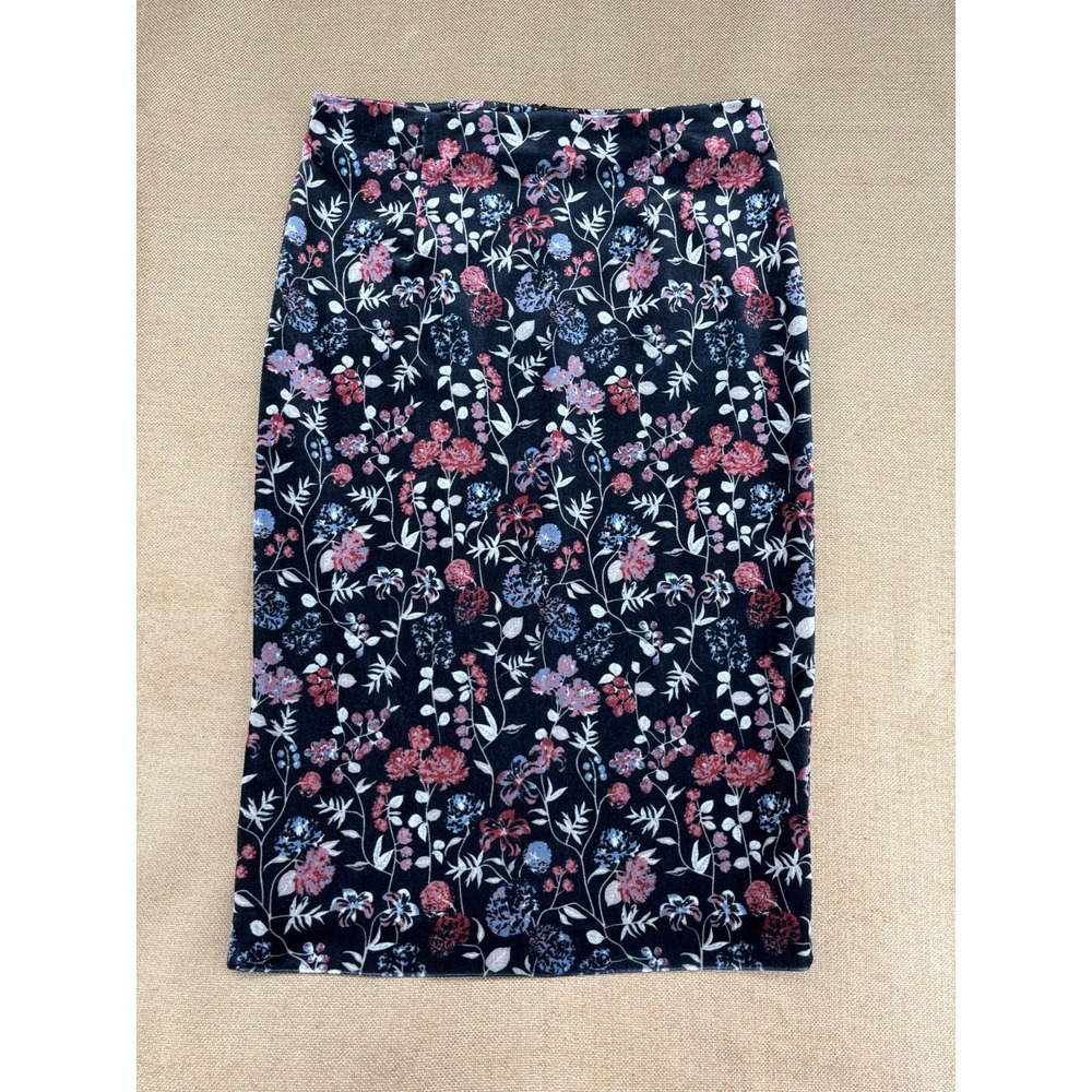 Downeast Skirt Womens M Black Floral Velour Midi Zippered Slit Straight Pencil
